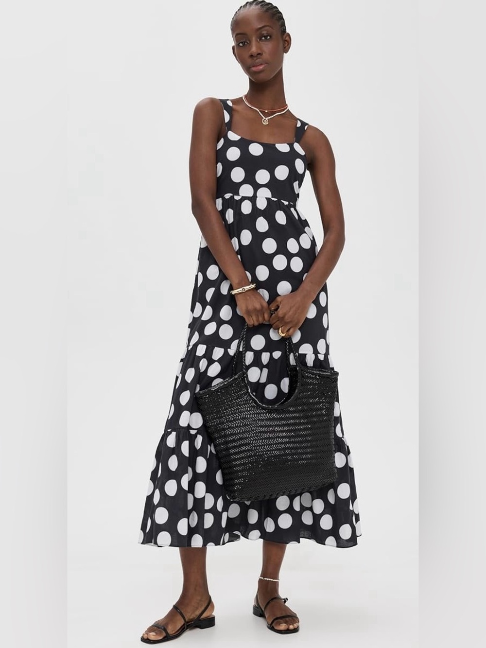 PLAYA LUCILA 
Polka Dot Tiered Maxi Dress in Black/White
